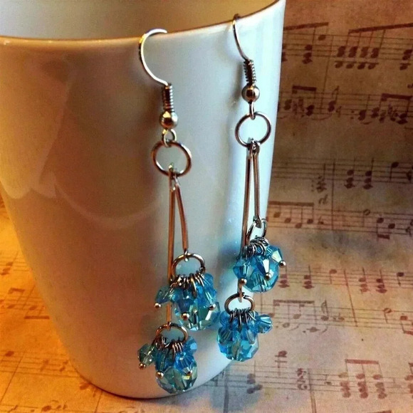 Hand Crafted Light Blue Faceted Czech Crystal 80mm Long Twin Dangle Earr… - Picture 2 of 5